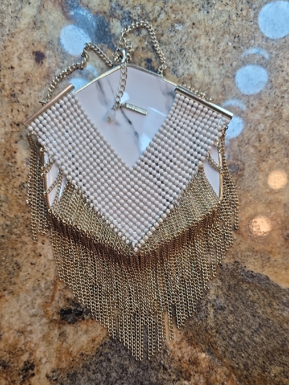Steve Madden Cream Beaded Chevron Necklace with Gold Fringe